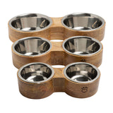 All three sizes of Mango wood and metal dog bowls line up next to each other - Green Paw Shop