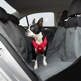 Boston Terrier on a seat cover in back seat of an SUV style car, GF Pet Hammock Seat Cover - Green Paw Shop