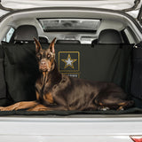 Doberman sitting in back of SUV on seat cover with US Army logo, Car Bench Seat Pet Cover - Green Paw Shop